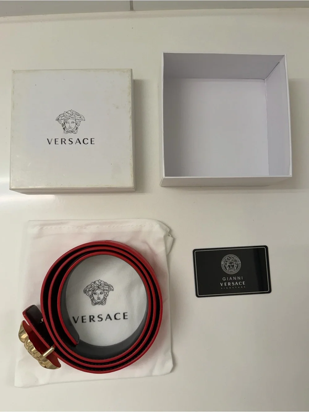 Versace Reversible Medusa Head Belt – Red/Black Leather
